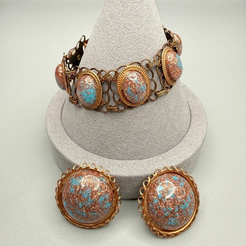 VTG Bracelet Earrings Set Blue Cabochon Copper Tone Crafting Harvest Repair READ